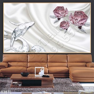 Tranh lụa 3D cá và hoa