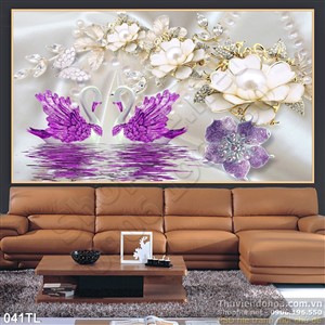 Tranh lụa 3D chim thiên nga và hoa