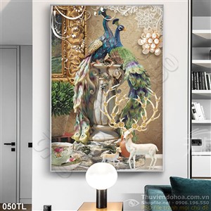 Tranh lụa 3D đôi chim công
