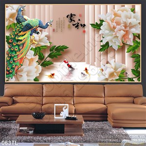 Tranh lụa 3D chim công và hoa mẫu đơn