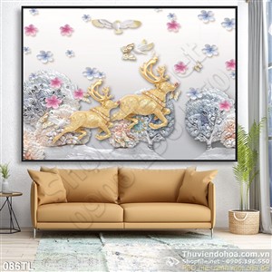 Tranh lụa 3D tuần lộc và hoa đẹp