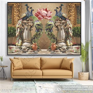 Tranh lụa 3D chim công và hoa sen đẹp