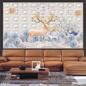 Tranh lụa 3D hươu trang trí phòng khách