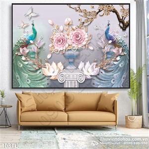 Tranh lụa 3D chim công phong thủy