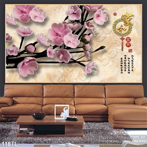 Tranh lụa 3D hoa đào trang trí treo tường