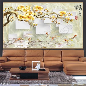 Tranh lụa 3D hoa đào và cá chép