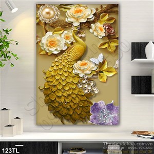 Tranh lụa 3D chim công và hoa hồng