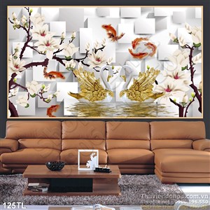 Tranh lụa 3D hoa đào và thiên nga