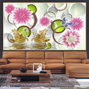 Tranh lụa 3D hoa cúc và thiên nga