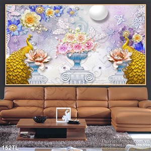 Tranh lụa 3D đôi chim công và hoa