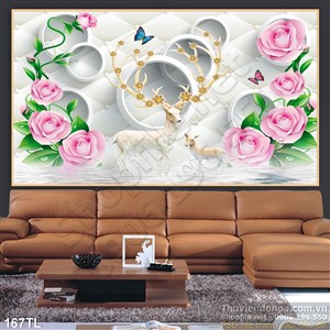 Tranh lụa 3D hoa hồng và hươu