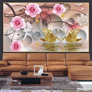 Tranh lụa 3D hoa hồng và chim thiên nga