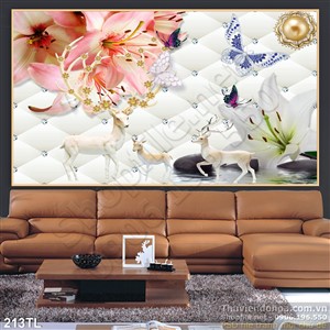 Tranh lụa 3D hoa tulip và hươu