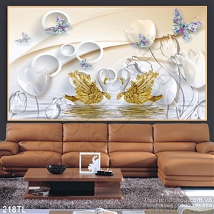 Tranh lụa 3D thiên nga và hoa tulip