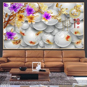 Tranh lụa 3D hoa đào vàng và cá chép