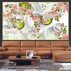 Tranh lụa 3D hoa hồng và hươu