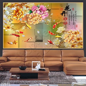 Tranh lụa 3D cá chép và hoa mẫu đơn