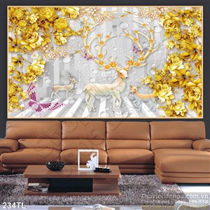 Tranh lụa 3D hươu và hoa hồng àng