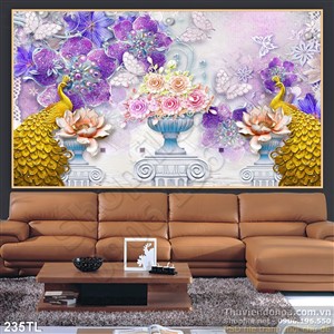 Tranh lụa 3D chim công dát vàng