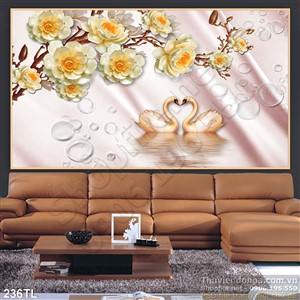 Tranh lụa 3D hoa hồng và chim thiên nga