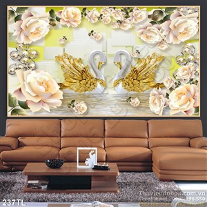 Tranh lụa 3D hoa hồng và thiên nga