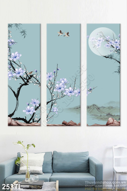 Tranh lụa 3D bình hoa mai trang trí