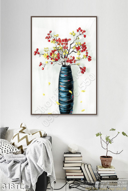Tranh lụa 3D bình hoa sơn dầu treo tường