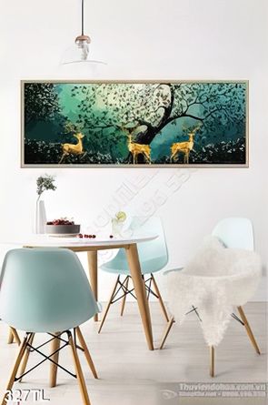 Tranh lụa 3D sơn dầu hươu nai treo tường đẹp