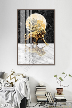 Tranh lụa 3D sư tử vàng in kính đẹp