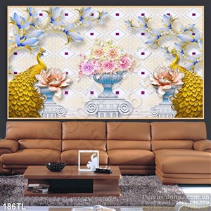 Tranh lụa 3D chim công dát vàng và hoa