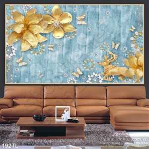 Tranh lụa 3D hoa vàng và tuần lộc