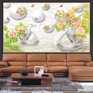 Tranh lụa 3D thiên nga và hoa mẫu đơn