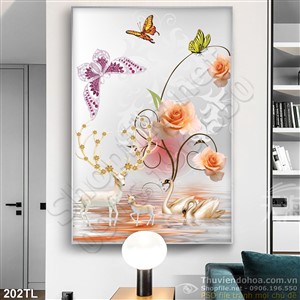 Tranh lụa 3D hươu và hoa hồng