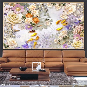 Tranh lụa 3D hoa hồng và cá chép