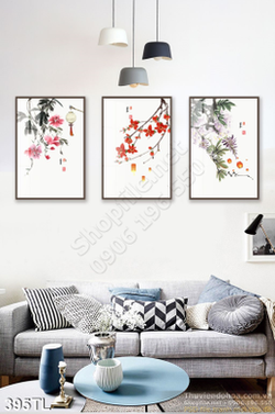 Tranh lụa 3D hoa đào trang trí phòng khách