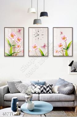 Tranh lụa đồng hồ hoa địa lan treo tường phòng khách