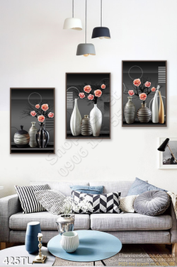 Tranh lụa 3D bình hoa hồng đẹp treo tường