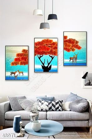 Tranh lụa 3D hươu nai và cây treo tường