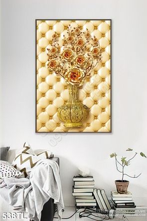 Tranh lụa 3D bình hoa hồng đẹp trang trí