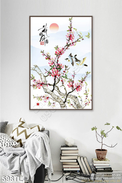 Tranh lụa 3D hoa đào thư pháp đẹp