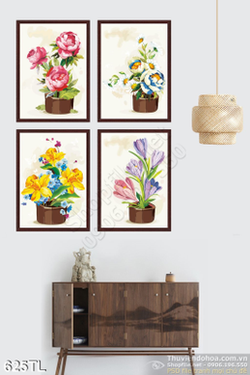 Tranh lụa 3D chậu hoa hồng in tranh chất lượng