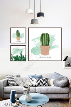 Tranh lụa 3D màu nước xương rồng đẹp