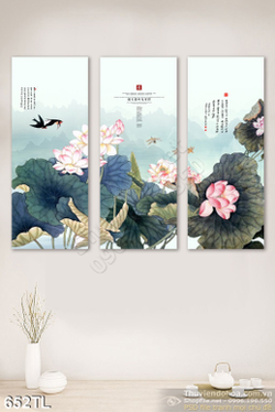 Tranh lụa 3D hoa Sen thư pháp đẹp