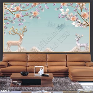 Tranh lụa hươu nai in kính