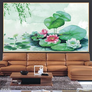 Tranh lụa 3D hoa sen thư pháp trang trí treo tường