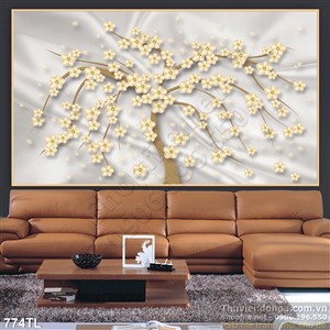 Tranh lụa 3D hoa mai kim tiền đẹp