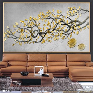 Tranh lụa 3D cây vàng trang trí phòng khách