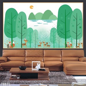 Tranh lụa 3D màu nước cây trang trí