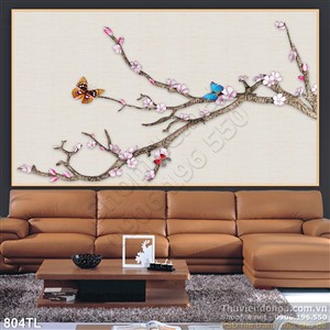 Tranh lụa 3D hoa đào trang trí treo tường đẹp