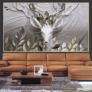 Tranh lụa 3D hươu nai hiện đại trang trí phòng khách